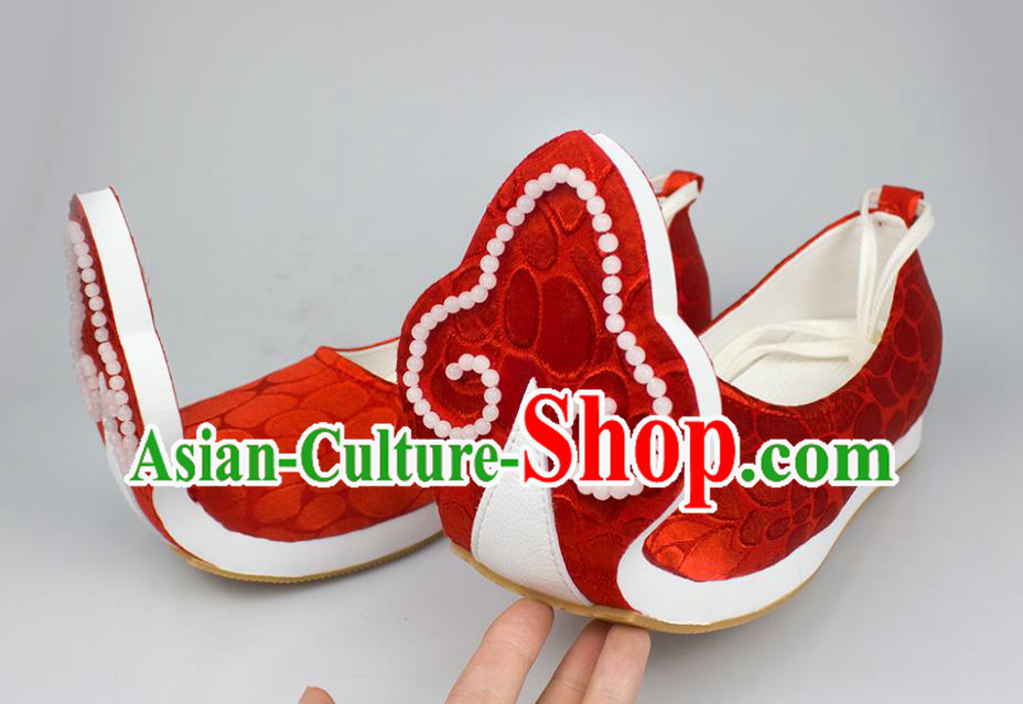 China Traditional Tang Dynasty Princess Shoes Classical Wedding Red Brocade Shoes Hanfu Beads Shoes