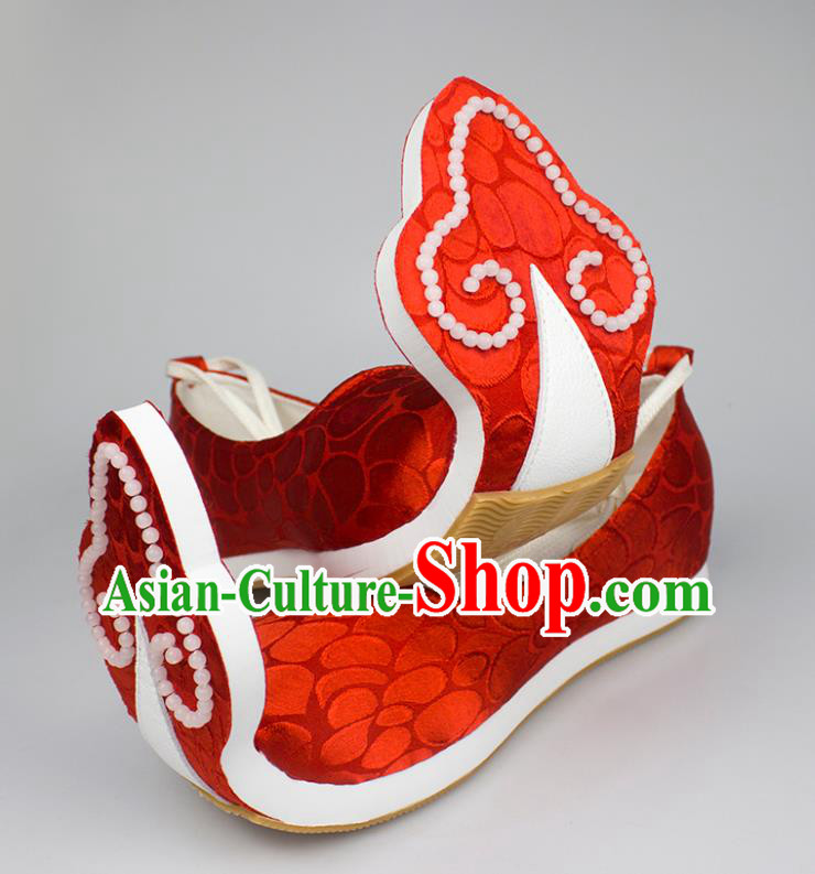China Traditional Tang Dynasty Princess Shoes Classical Wedding Red Brocade Shoes Hanfu Beads Shoes