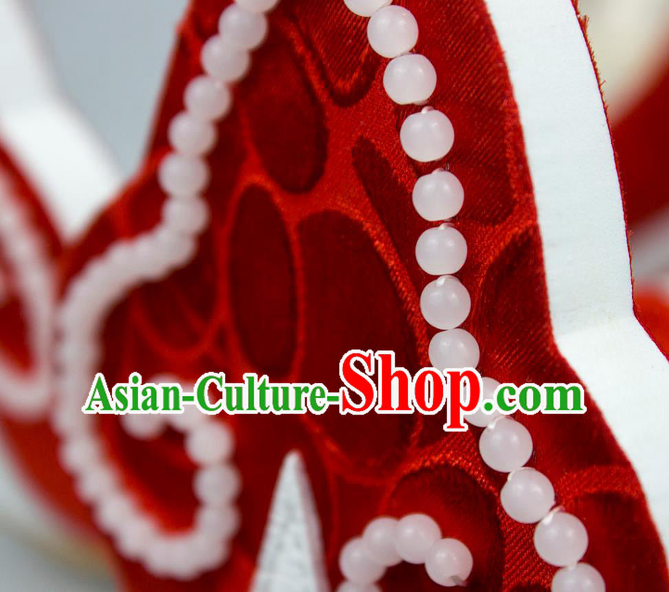 China Traditional Tang Dynasty Princess Shoes Classical Wedding Red Brocade Shoes Hanfu Beads Shoes