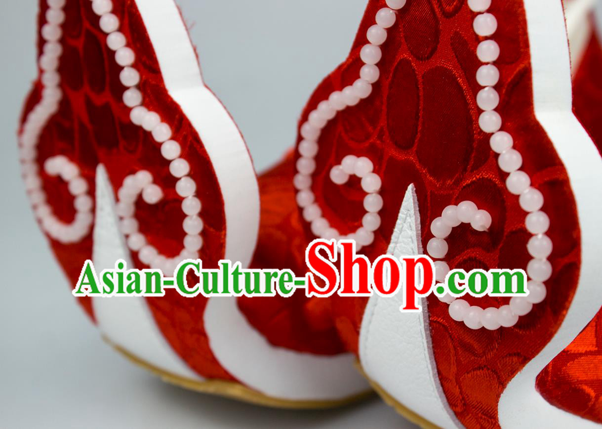 China Traditional Tang Dynasty Princess Shoes Classical Wedding Red Brocade Shoes Hanfu Beads Shoes