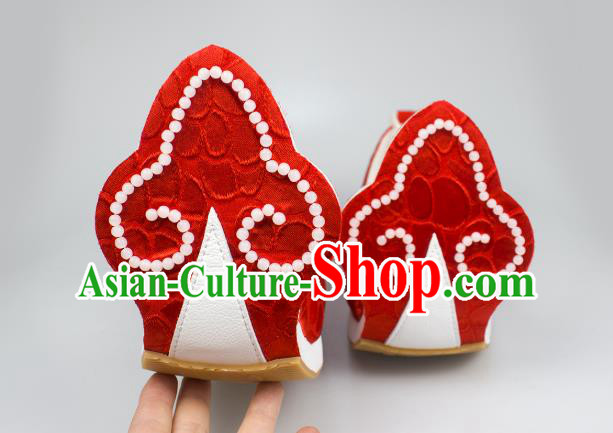 China Traditional Tang Dynasty Princess Shoes Classical Wedding Red Brocade Shoes Hanfu Beads Shoes