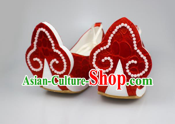 China Traditional Tang Dynasty Princess Shoes Classical Wedding Red Brocade Shoes Hanfu Beads Shoes