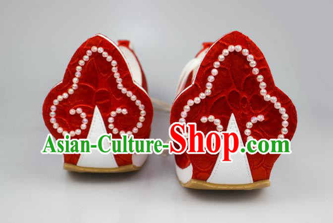 China Traditional Tang Dynasty Princess Shoes Classical Wedding Red Brocade Shoes Hanfu Beads Shoes