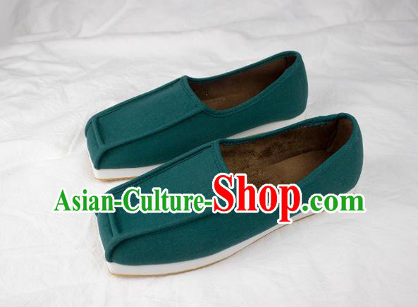 Chinese Traditional Ming Dynasty Taoist Shoes Handmade Ancient Scholar Green Flax Shoes