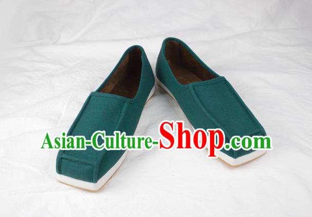 Chinese Traditional Ming Dynasty Taoist Shoes Handmade Ancient Scholar Green Flax Shoes