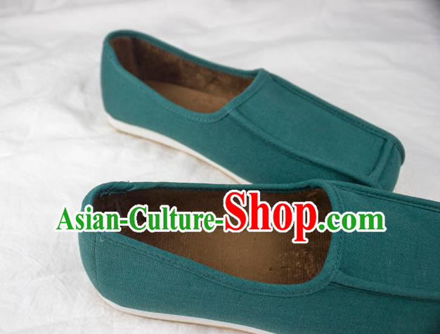 Chinese Traditional Ming Dynasty Taoist Shoes Handmade Ancient Scholar Green Flax Shoes