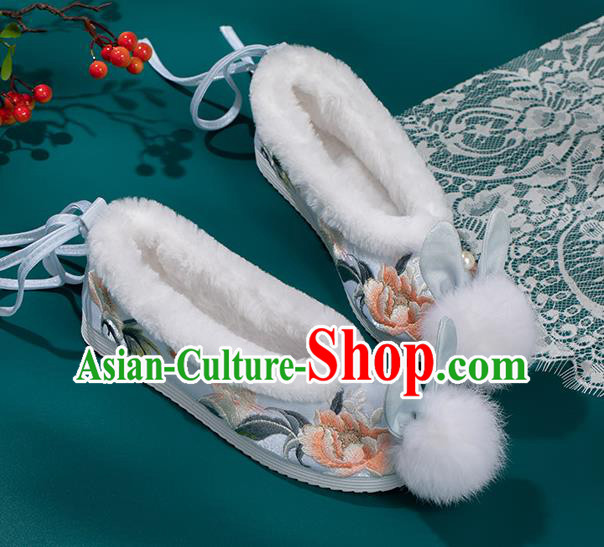 China Ming Dynasty Princess Shoes Classical Blue Brocade Shoes Traditional Embroidered Hanfu Shoes