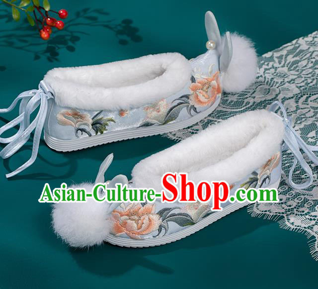 China Ming Dynasty Princess Shoes Classical Blue Brocade Shoes Traditional Embroidered Hanfu Shoes