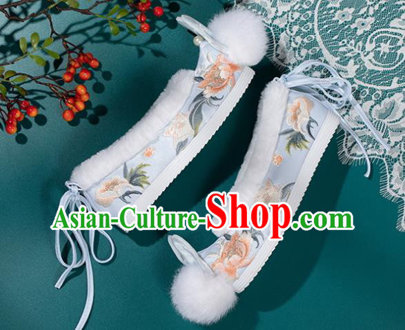 China Ming Dynasty Princess Shoes Classical Blue Brocade Shoes Traditional Embroidered Hanfu Shoes