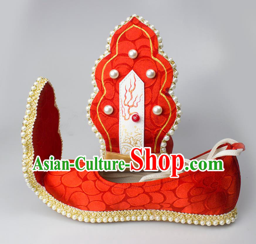 China Tang Dynasty Princess Shoes Classical Red Brocade Shoes Traditional Wedding Hanfu Pearls Shoes