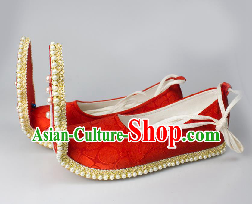 China Tang Dynasty Princess Shoes Classical Red Brocade Shoes Traditional Wedding Hanfu Pearls Shoes