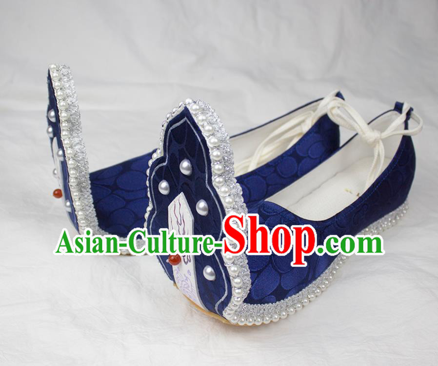 China Classical Royalblue Brocade Shoes Traditional Wedding Hanfu Pearls Shoes Tang Dynasty Princess Shoes
