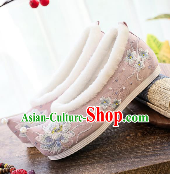 China Traditional Winter Pink Cloth Shoes Hanfu Shoes Classical Embroidered Lotus Shoes