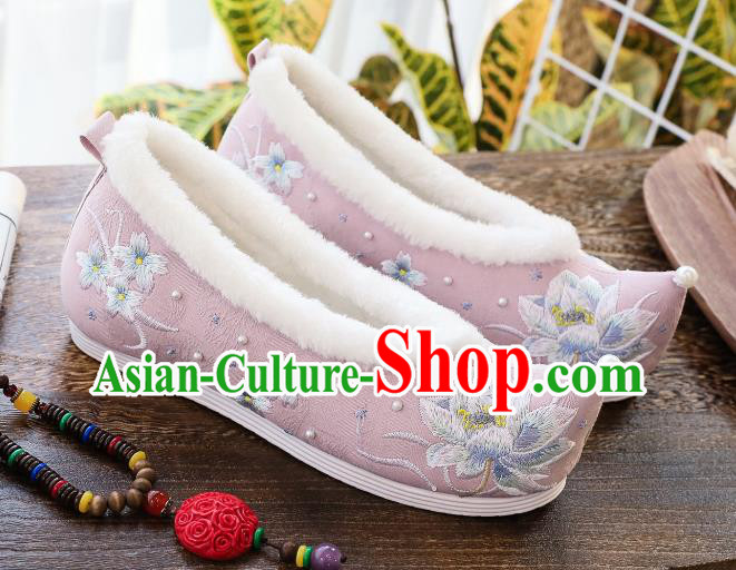 China Traditional Winter Pink Cloth Shoes Hanfu Shoes Classical Embroidered Lotus Shoes