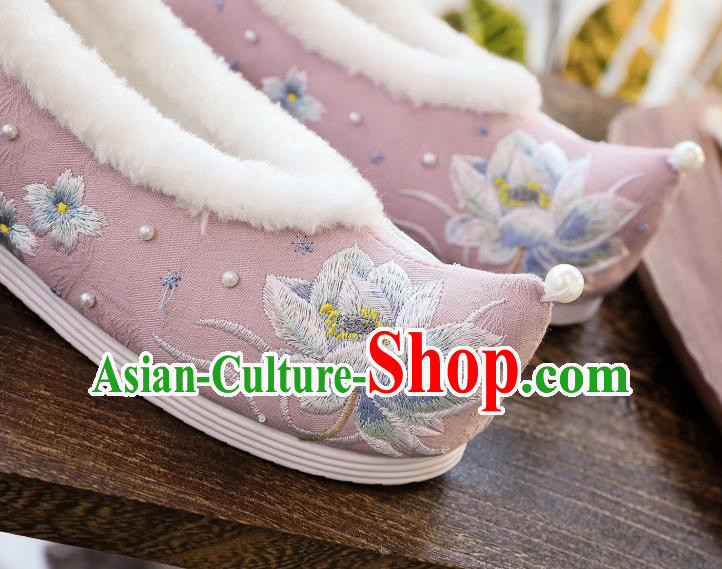 China Traditional Winter Pink Cloth Shoes Hanfu Shoes Classical Embroidered Lotus Shoes