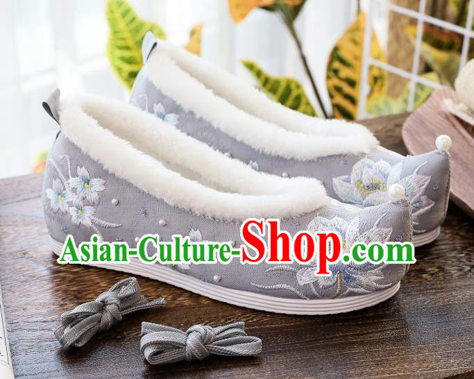 China Hanfu Shoes Classical Embroidered Lotus Shoes Traditional Winter Grey Cloth Shoes