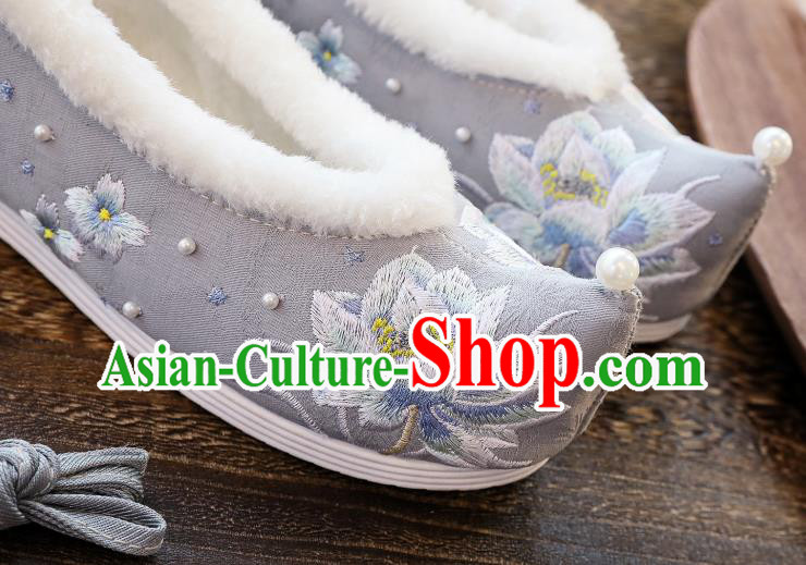 China Hanfu Shoes Classical Embroidered Lotus Shoes Traditional Winter Grey Cloth Shoes