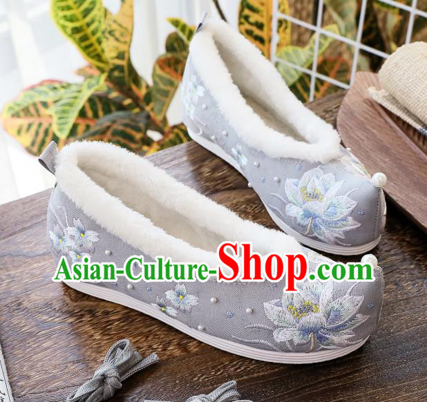 China Hanfu Shoes Classical Embroidered Lotus Shoes Traditional Winter Grey Cloth Shoes
