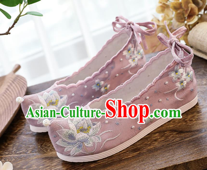 China Traditional Pink Cloth Shoes Classical Embroidered Lotus Shoes Hanfu Bow Shoes