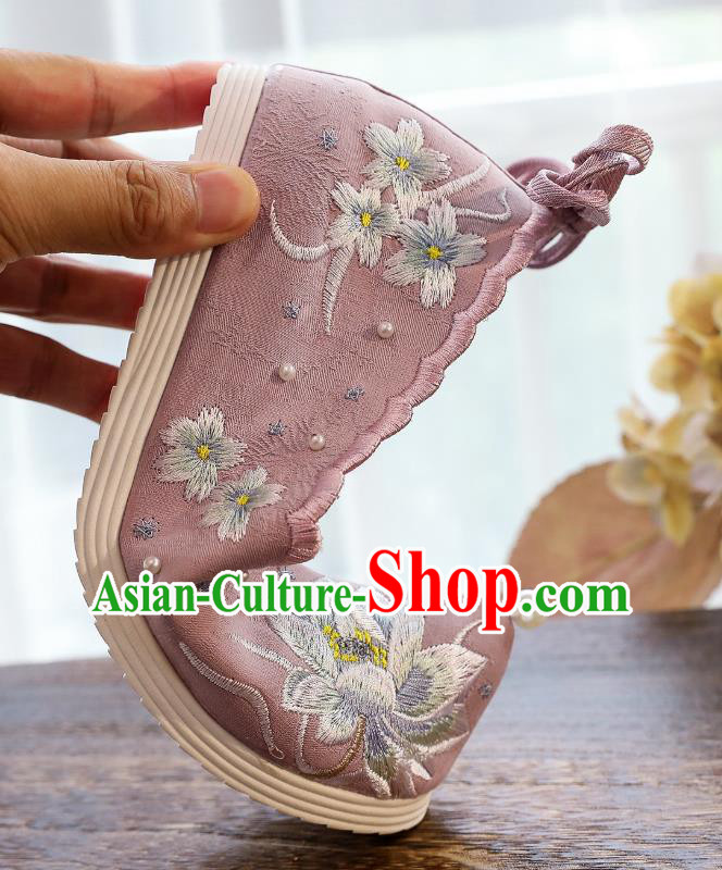 China Traditional Pink Cloth Shoes Classical Embroidered Lotus Shoes Hanfu Bow Shoes