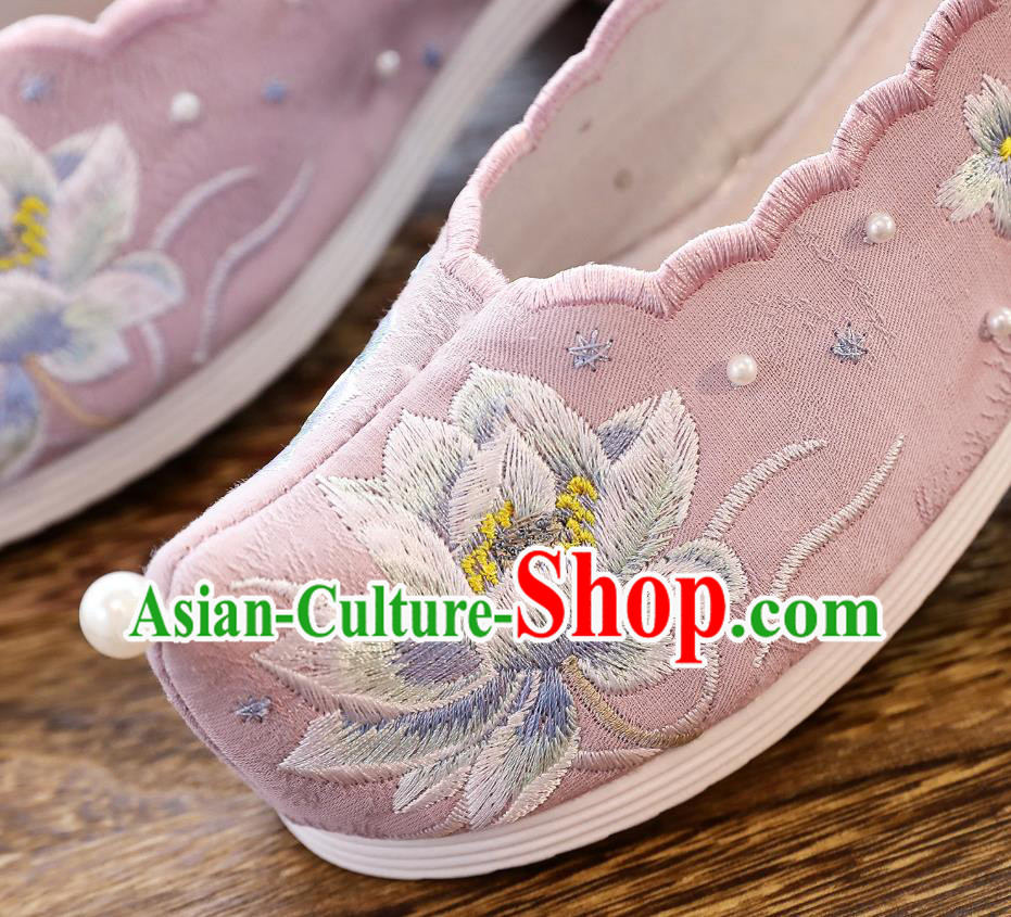 China Traditional Pink Cloth Shoes Classical Embroidered Lotus Shoes Hanfu Bow Shoes