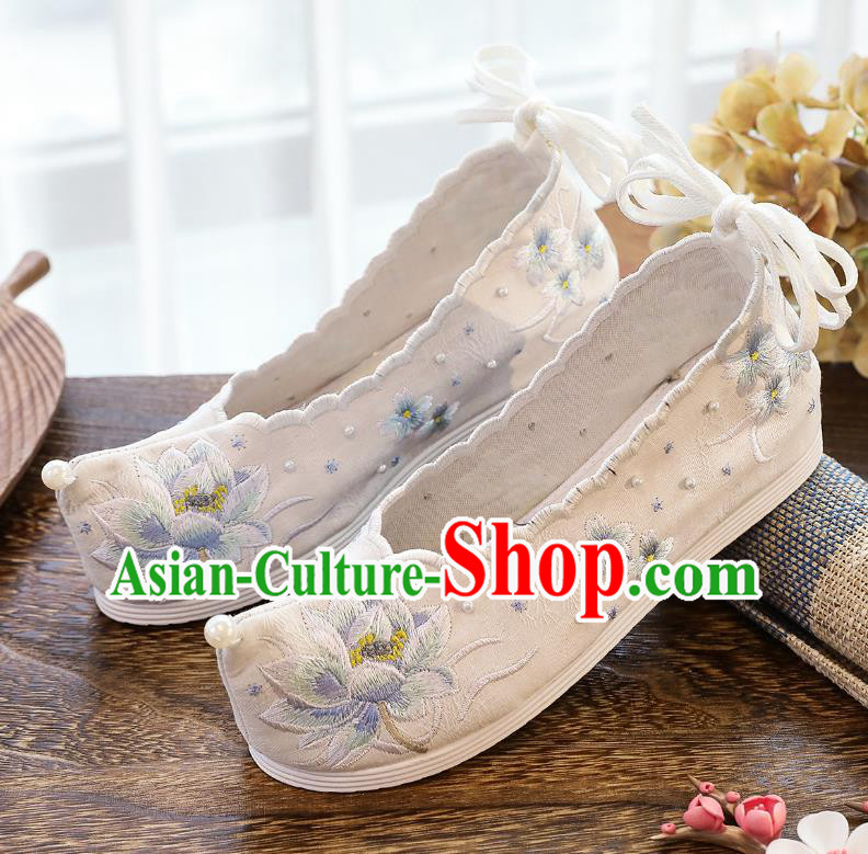 China Hanfu Bow Shoes Traditional White Cloth Shoes Classical Embroidered Lotus Shoes