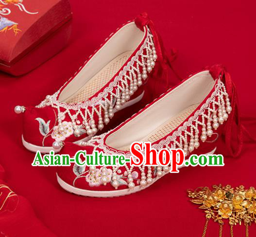 China Classical Embroidered Shoes Hanfu Bow Shoes Traditional Wedding Red Cloth Shoes