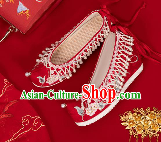 China Classical Embroidered Shoes Hanfu Bow Shoes Traditional Wedding Red Cloth Shoes