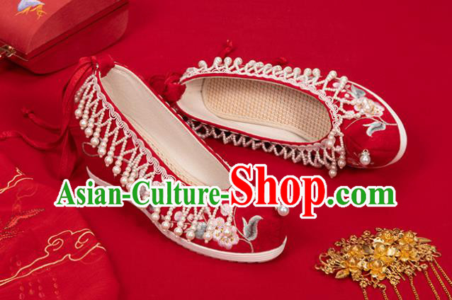 China Classical Embroidered Shoes Hanfu Bow Shoes Traditional Wedding Red Cloth Shoes