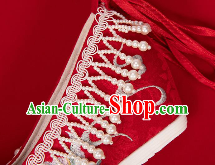 China Classical Embroidered Shoes Hanfu Bow Shoes Traditional Wedding Red Cloth Shoes