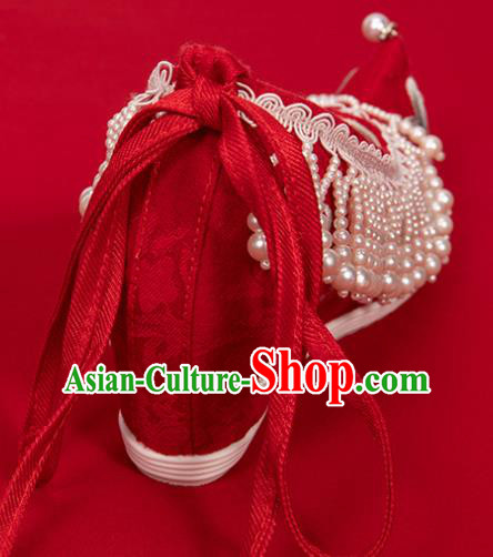 China Classical Embroidered Shoes Hanfu Bow Shoes Traditional Wedding Red Cloth Shoes