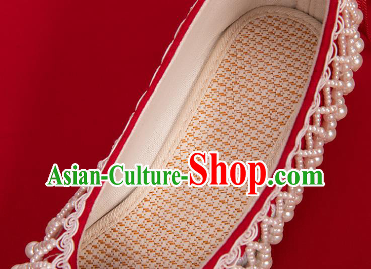 China Classical Embroidered Shoes Hanfu Bow Shoes Traditional Wedding Red Cloth Shoes