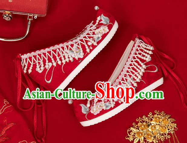 China Classical Embroidered Shoes Hanfu Bow Shoes Traditional Wedding Red Cloth Shoes