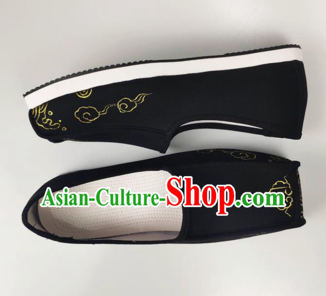 Chinese Handmade Ancient Scholar Black Cloth Shoes Traditional Ming Dynasty Embroidered Shoes