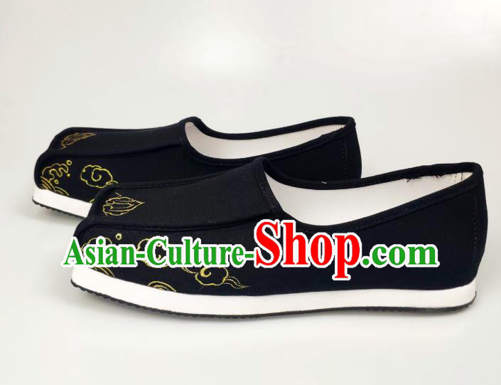 Chinese Handmade Ancient Scholar Black Cloth Shoes Traditional Ming Dynasty Embroidered Shoes