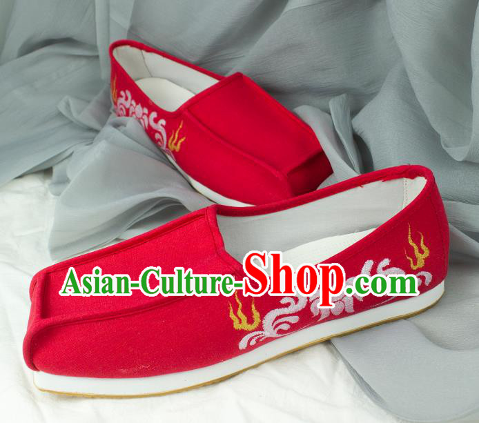 Chinese Traditional Ming Dynasty Bridegroom Shoes Handmade Ancient Scholar Red Cloth Shoes