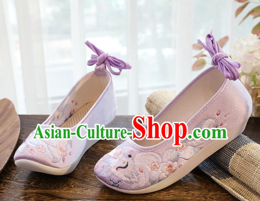 China Winter Women Shoes Classical Embroidered Fox Lilac Satin Shoes Traditional Hanfu Shoes