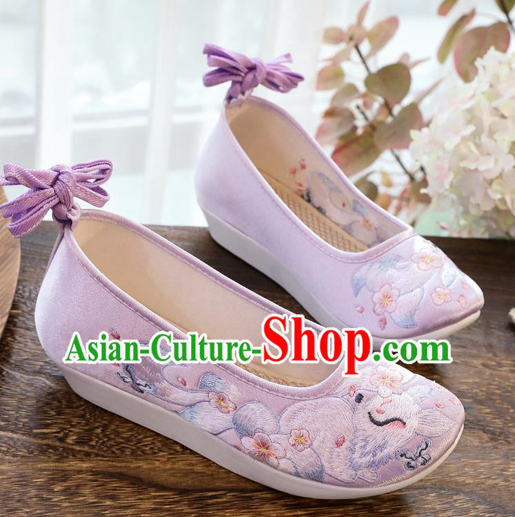 China Winter Women Shoes Classical Embroidered Fox Lilac Satin Shoes Traditional Hanfu Shoes
