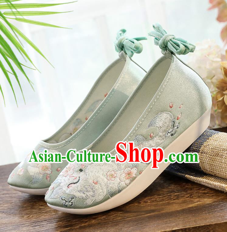 China Traditional Hanfu Shoes Winter Women Shoes Classical Embroidered Fox Light Green Satin Shoes