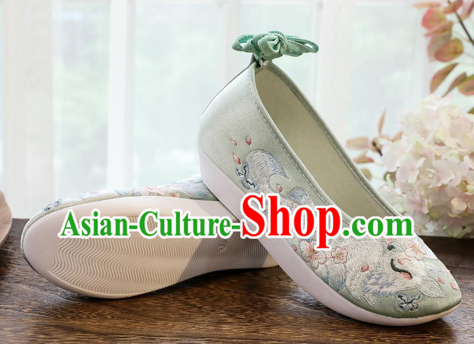 China Traditional Hanfu Shoes Winter Women Shoes Classical Embroidered Fox Light Green Satin Shoes