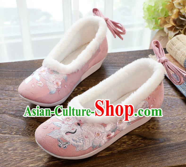 China Winter Pink Cloth Shoes Classical Embroidered Fox Shoes Traditional Women Hanfu Shoes