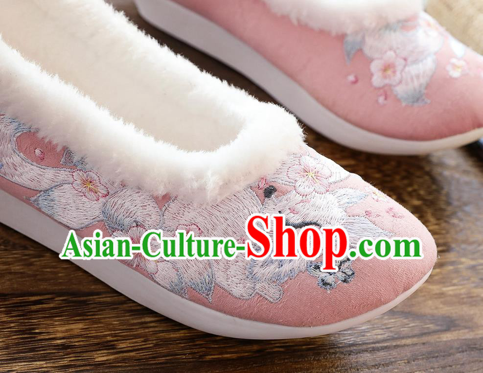 China Winter Pink Cloth Shoes Classical Embroidered Fox Shoes Traditional Women Hanfu Shoes