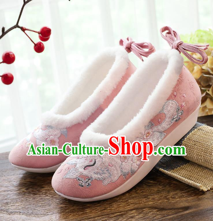 China Winter Pink Cloth Shoes Classical Embroidered Fox Shoes Traditional Women Hanfu Shoes