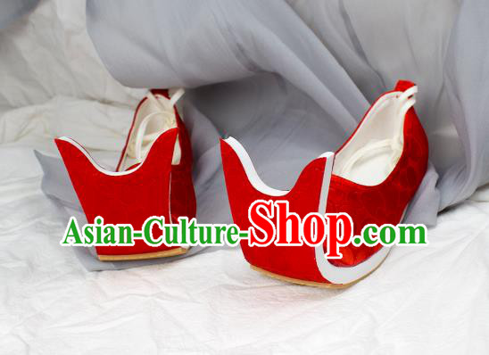 China Traditional Jin Dynasty Palace Lady Shoes Red Brocade Shoes Classical Wedding Shoes