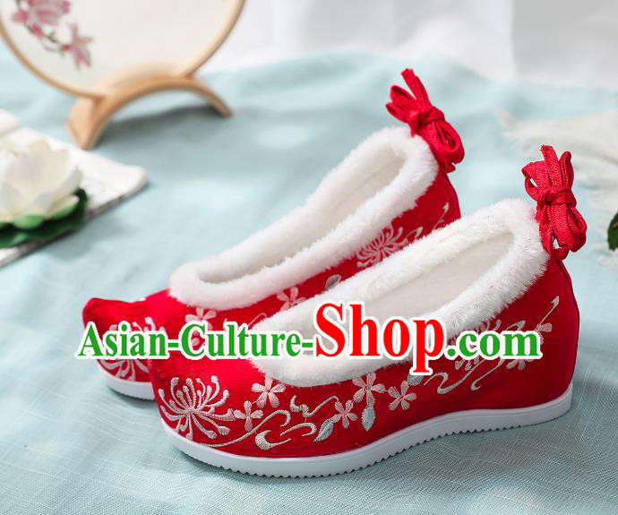 China Traditional Embroidered Manjusaka Shoes Ming Dynasty Hanfu Shoes Classical Red Cloth Shoes