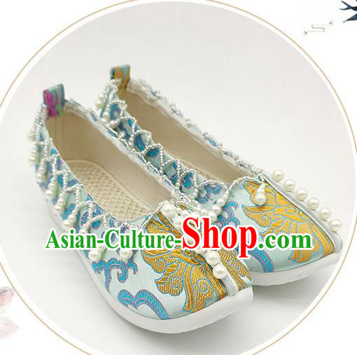 China Handmade Light Blue Brocade Shoes Traditional Song Dynasty Princess Shoes Classical Pearls Shoes