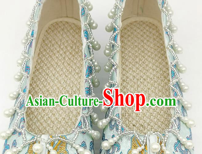 China Handmade Light Blue Brocade Shoes Traditional Song Dynasty Princess Shoes Classical Pearls Shoes