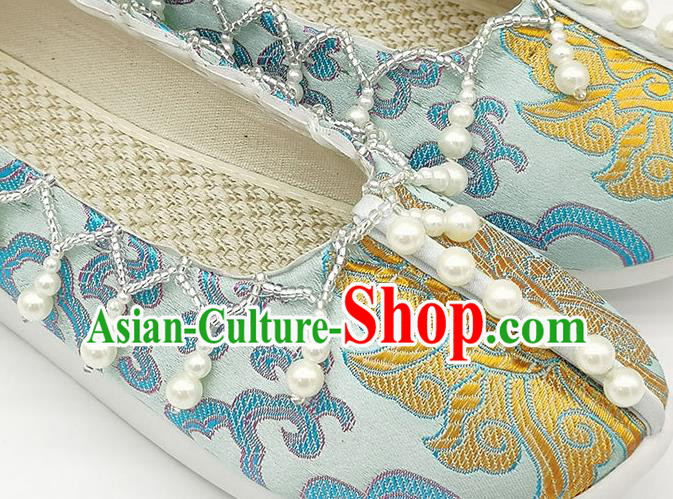 China Handmade Light Blue Brocade Shoes Traditional Song Dynasty Princess Shoes Classical Pearls Shoes
