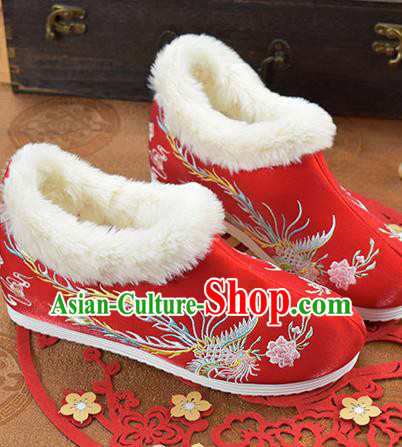 China National Ankle Boots Embroidered Phoenix Red Cloth Shoes Traditional Winter Shoes