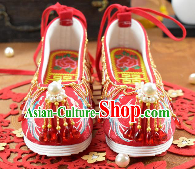 China Wedding Shoes Traditional Hanfu Shoes National Embroidered Phoenix Red Cloth Shoes
